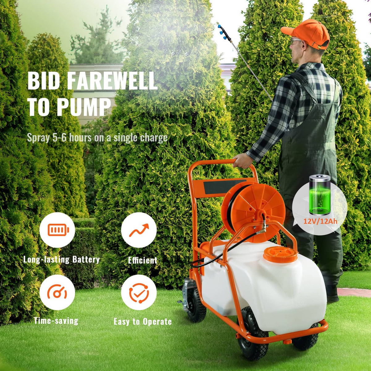 Battery lawn sprayer cart with hose reel, spray wand, orange wheeled frame