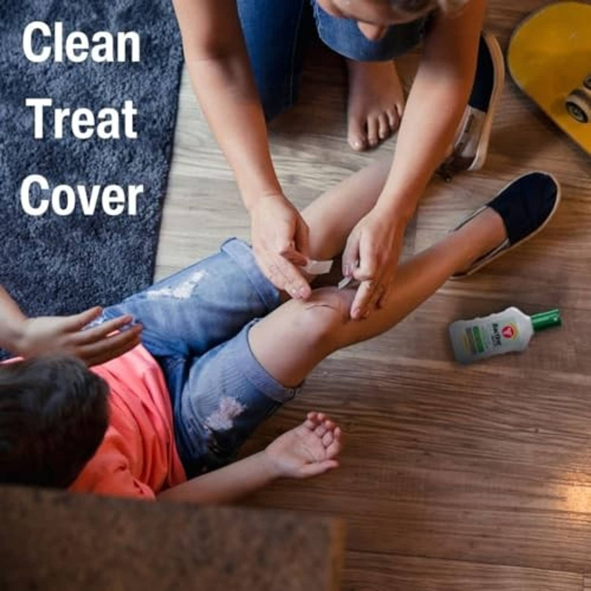 Pain relief cleansing spray being applied to a minor cut on the arm