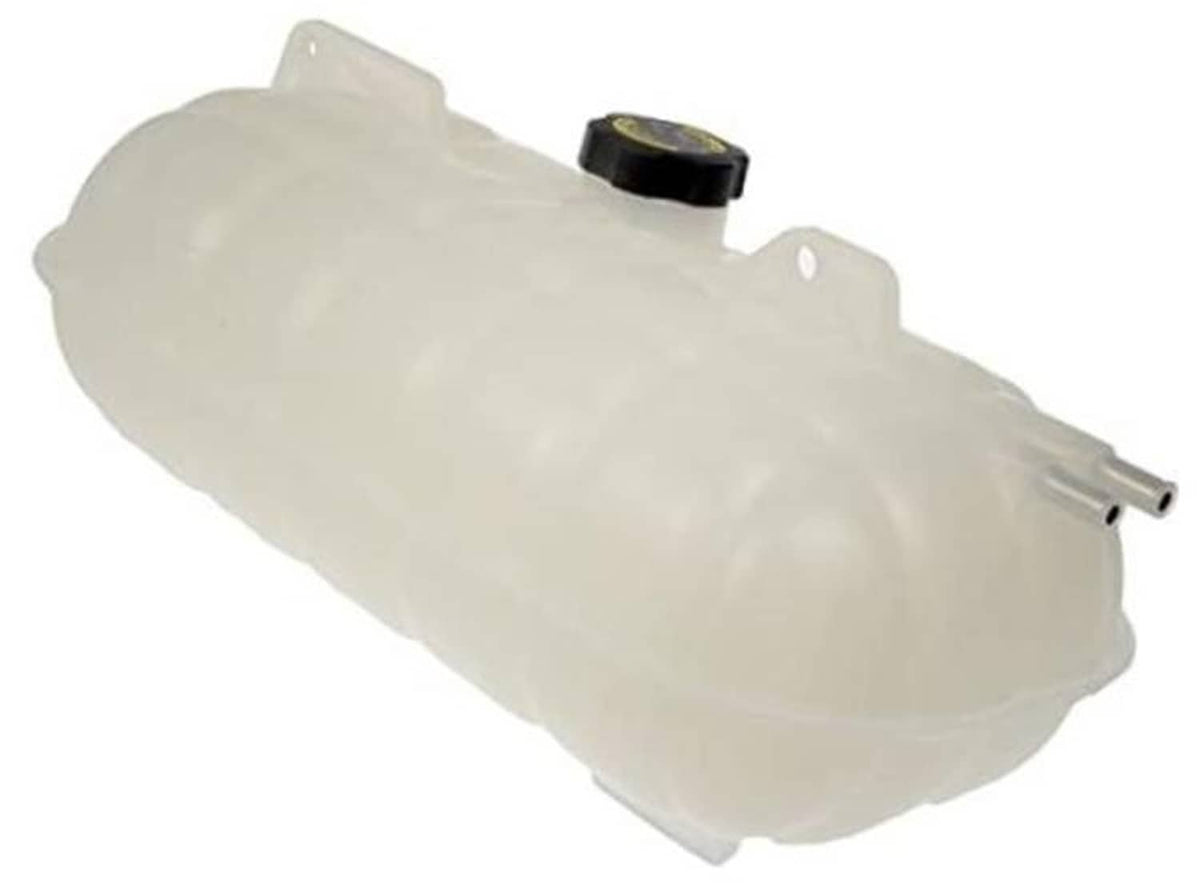 Translucent engine coolant reservoir tank with black screw cap and outlet tube