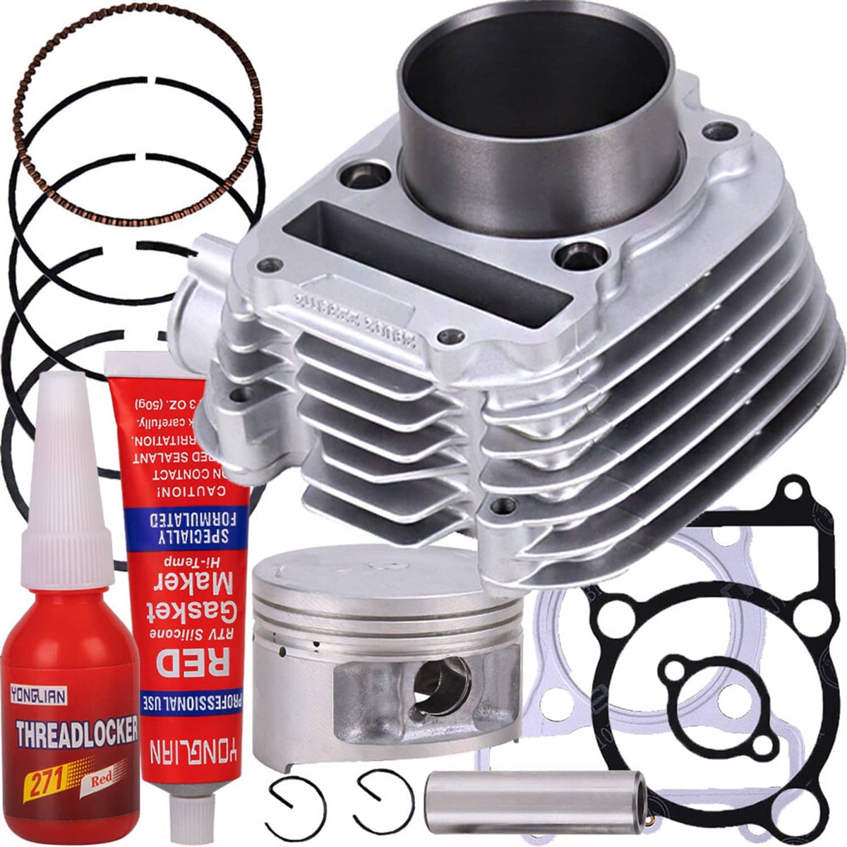 ATV cylinder piston gasket kit with rings, gaskets, wrist pin, and sealant tubes