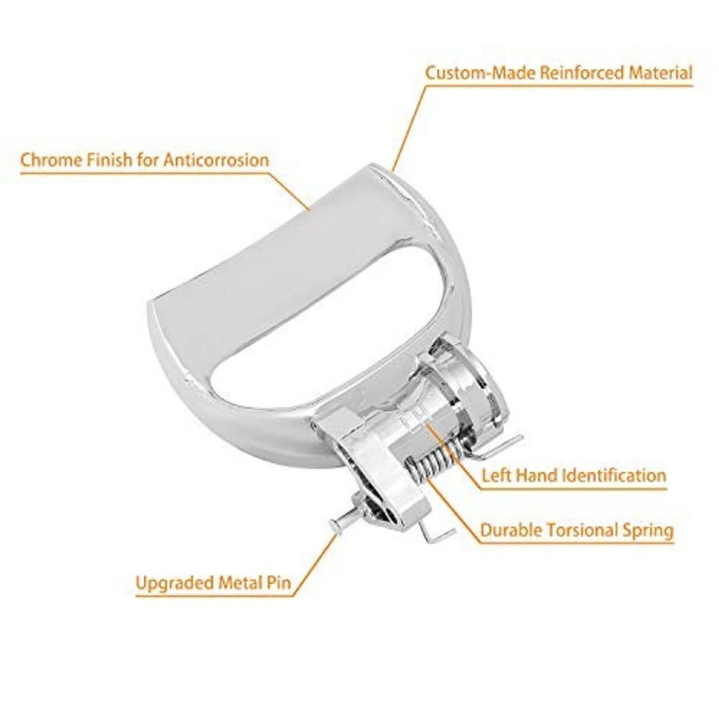 Chrome interior door handle with reinforced pin and spring, left-hand identification
