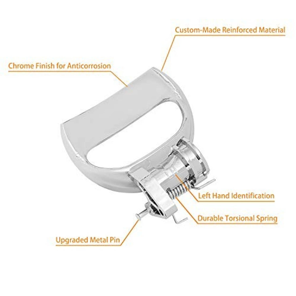 Chrome interior door handle with reinforced pin and spring, left-hand identification