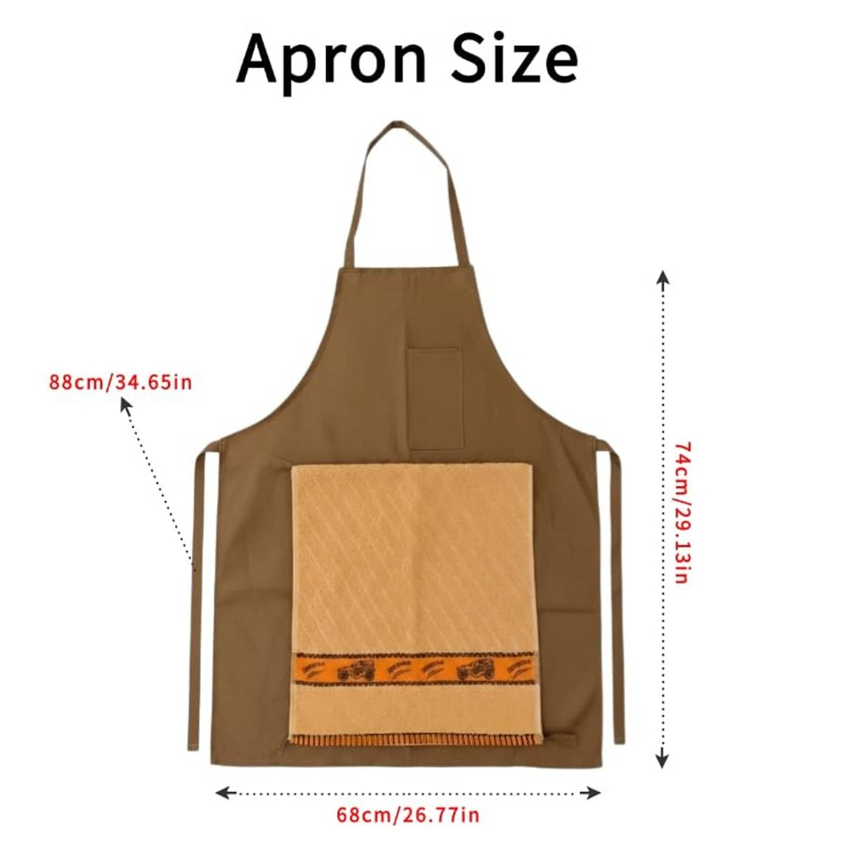 Apron size diagram of brown apron with front pocket, showing 88cm by 68cm dimensions