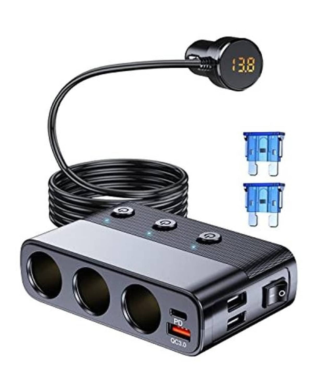 Compact 3-socket car charger splitter with Type-C and USB ports and LED voltage display