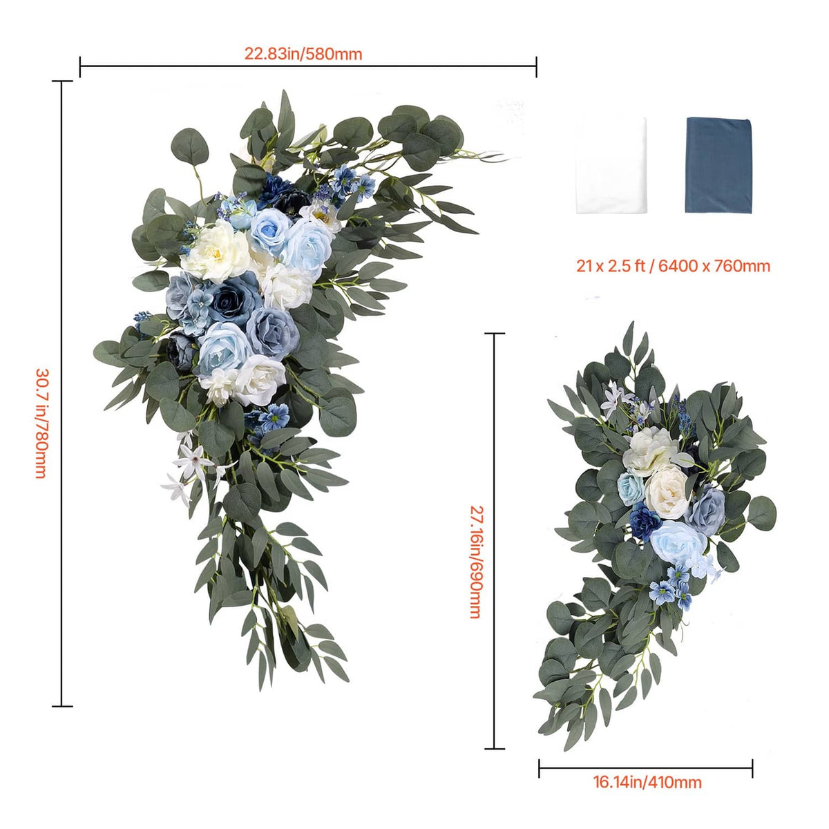 Artificial corner flower arrangement with blue and white blooms and green eucalyptus leaves