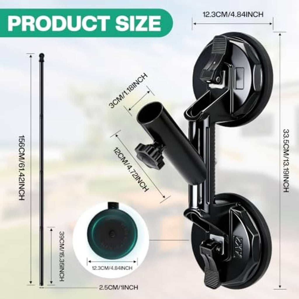 Black suction cup base flagpole holder with mounting clamps and extension tube