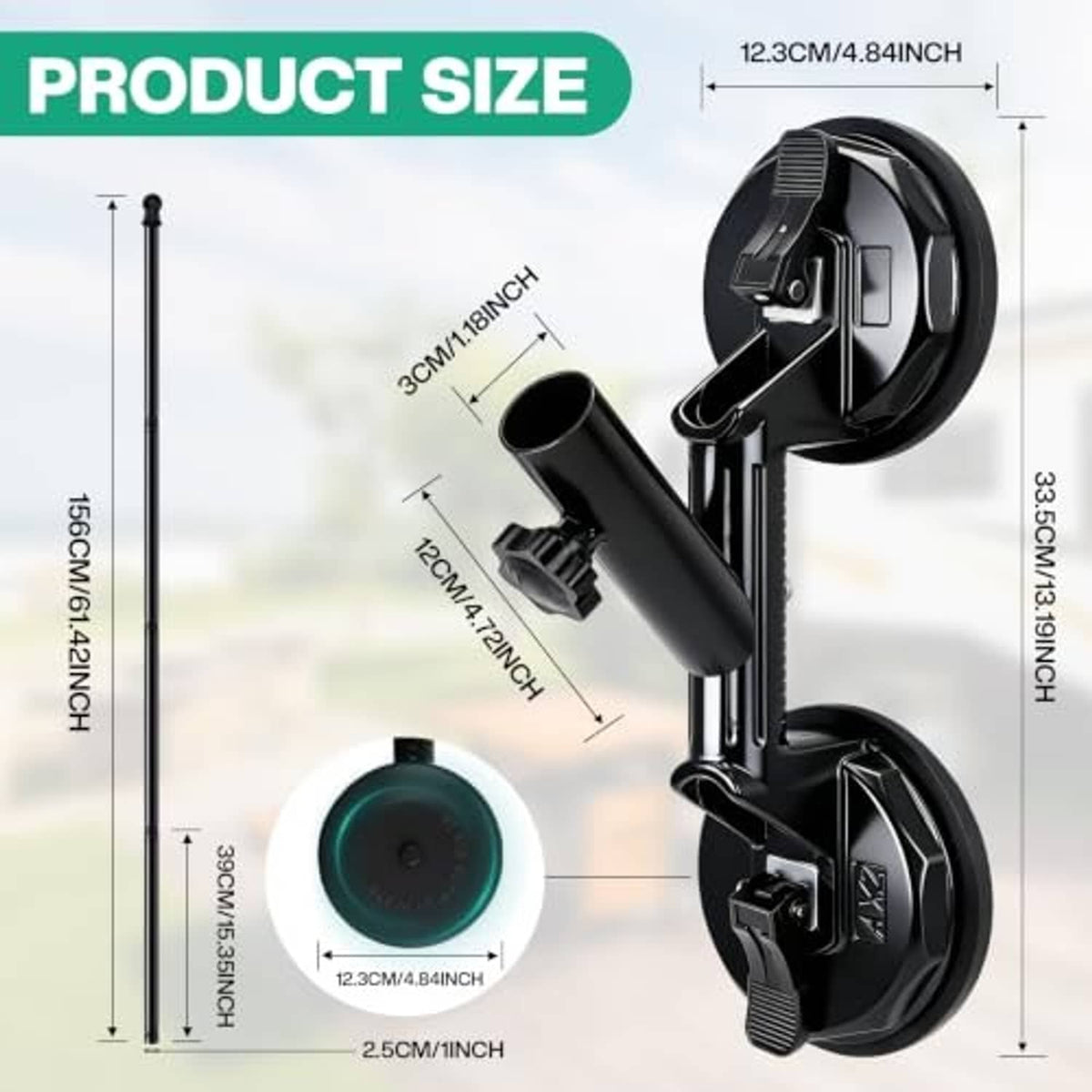 Black suction cup base flagpole holder with mounting clamps and extension tube