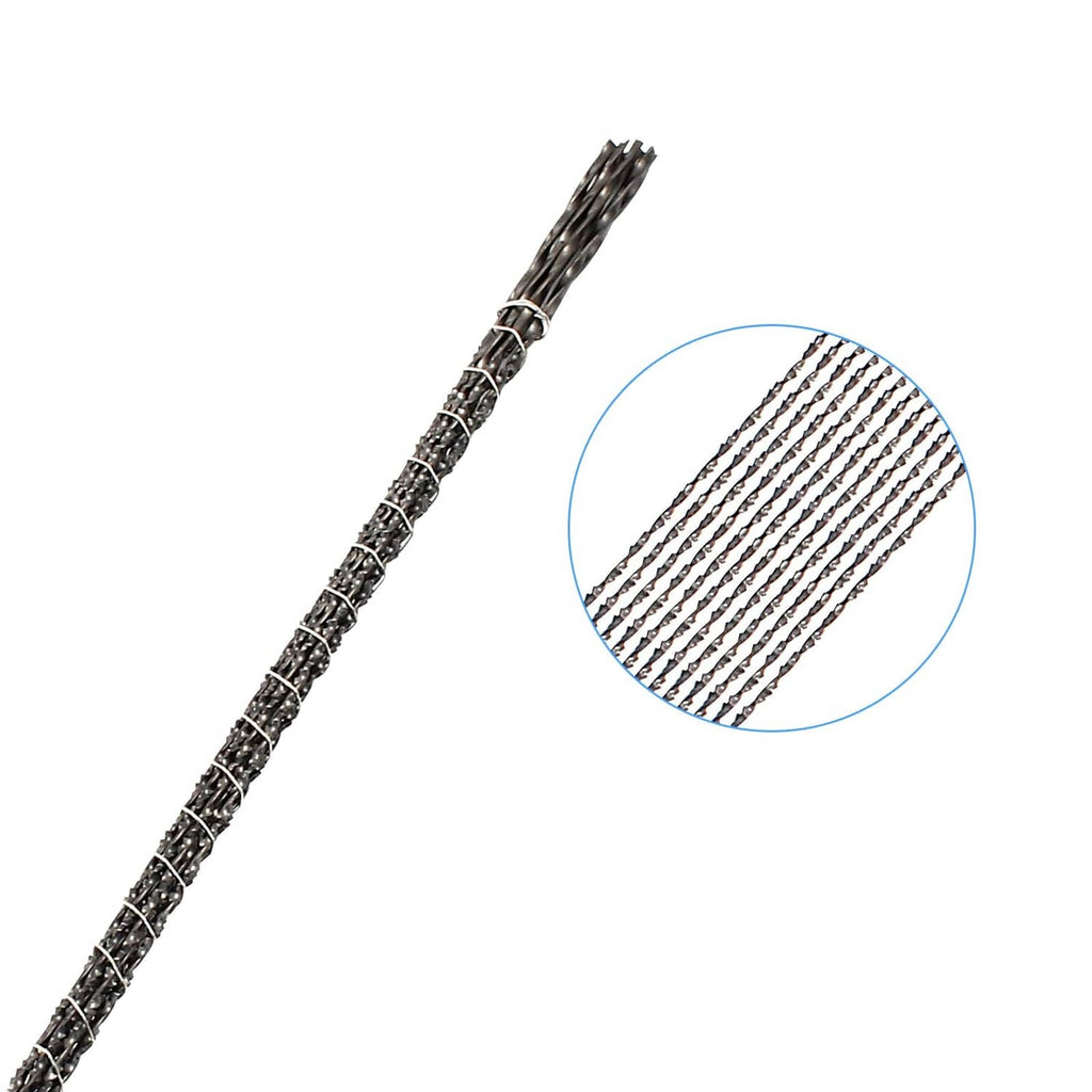 Single spiral scroll saw blade close-up, textured metal shank, plain end, silver tone.