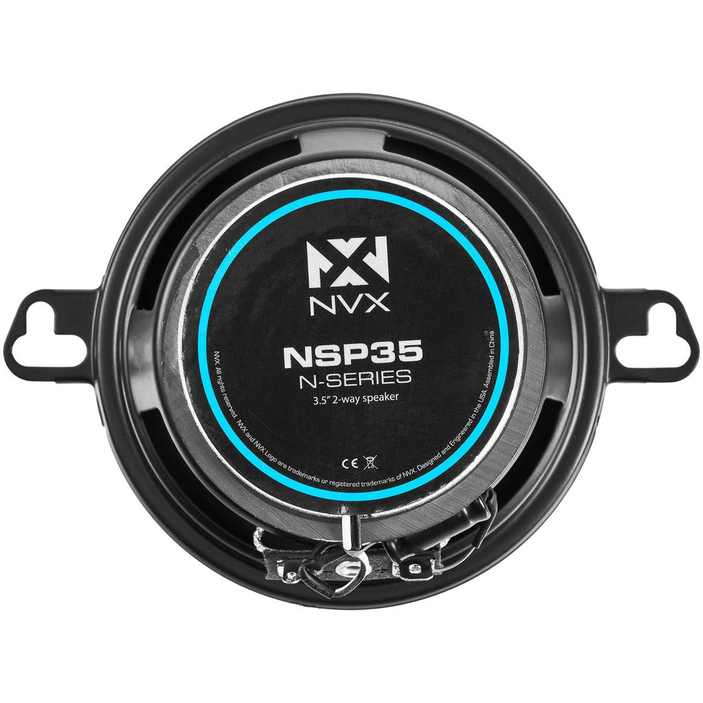 Black 3.5-inch coaxial car speaker with front badge and protective grille