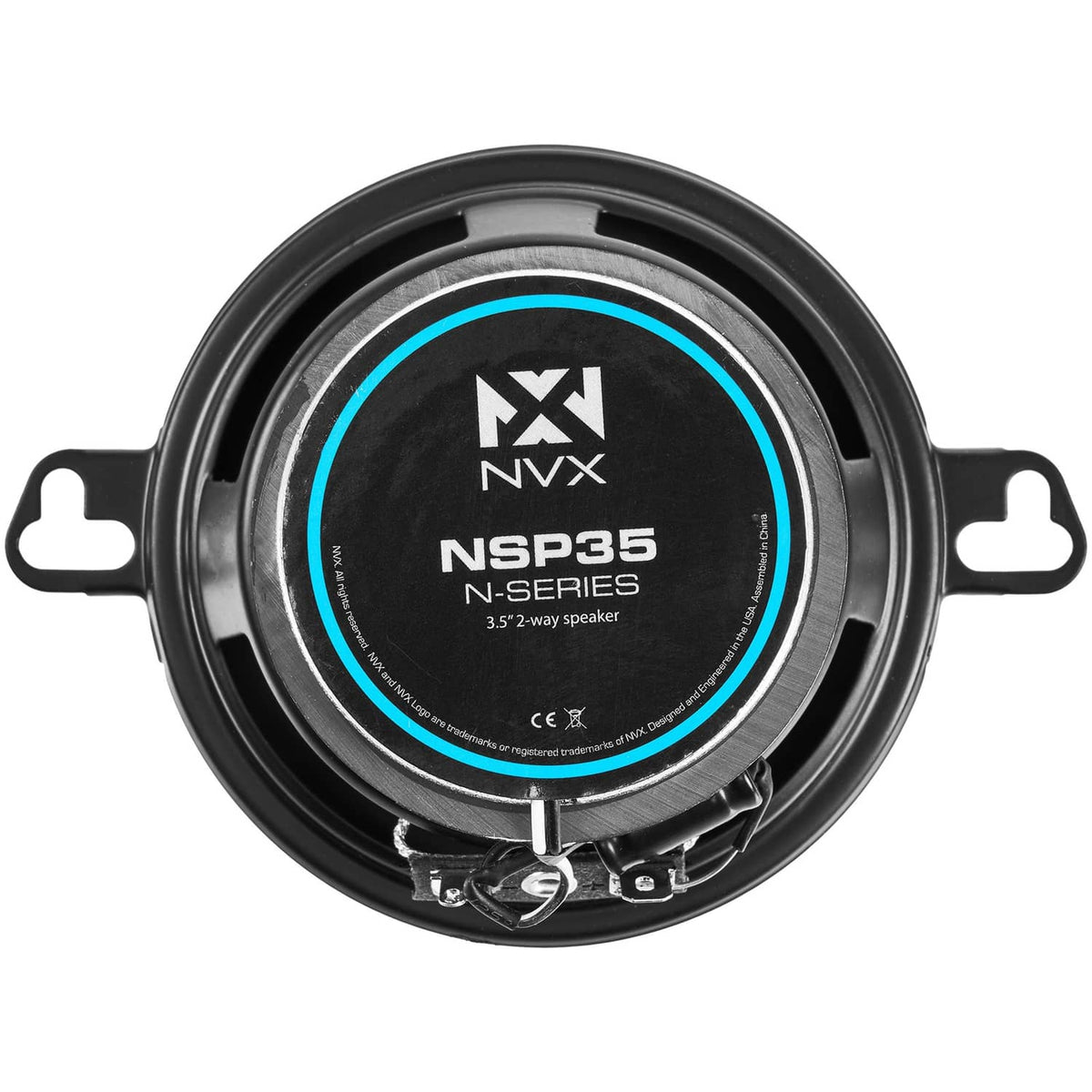 Black 3.5-inch coaxial car speaker with front badge and protective grille