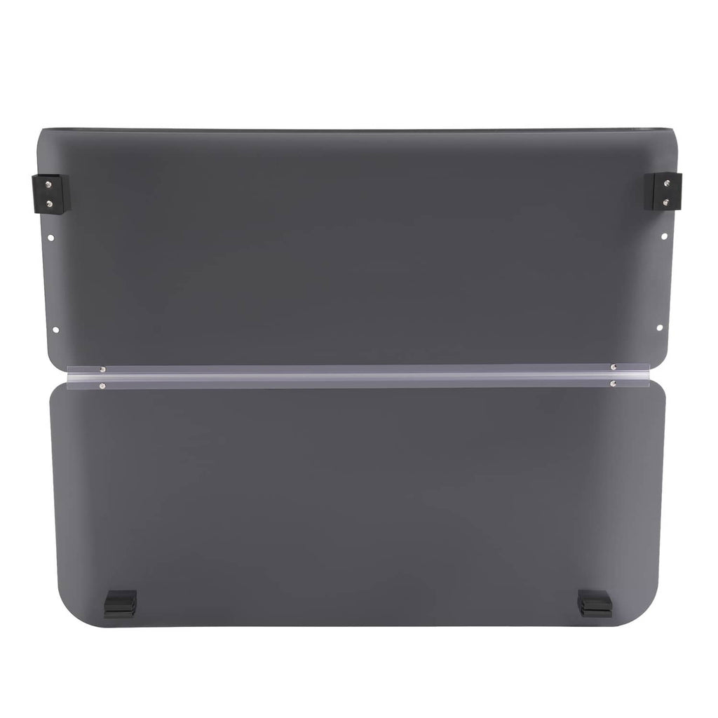 Front view of dark tinted fold-down windshield windscreen with black end mounting plates