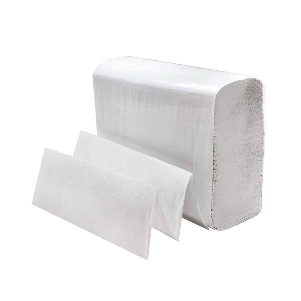 Multi-fold paper towels case with white sheets, stacked in dispenser-style roll