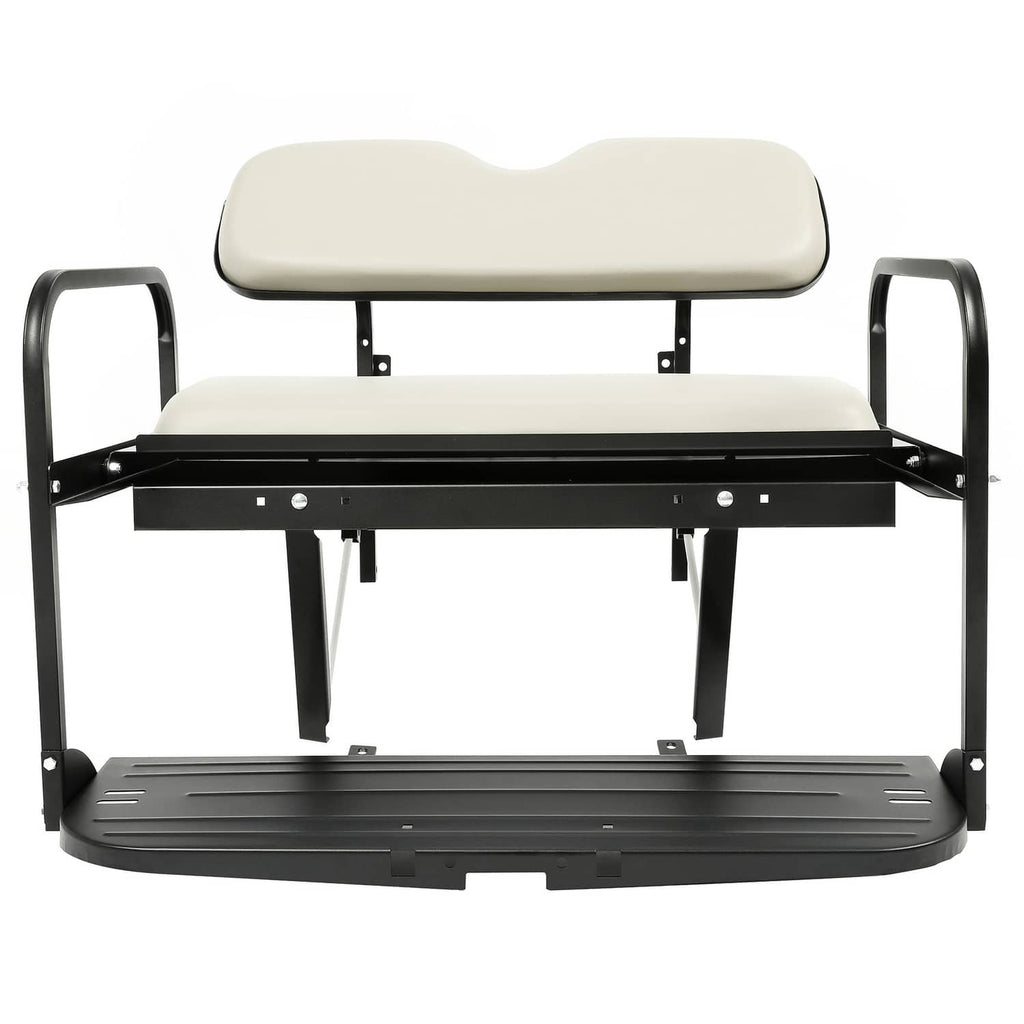 Golf cart flip rear back seat kit with off-white cushions and black base platform