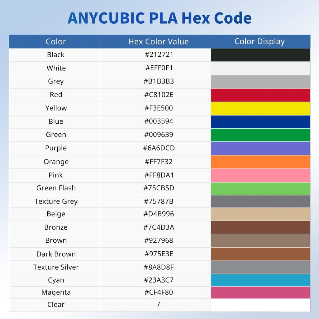 ANYCUBIC PLA hex color code chart with color names and HEX color values