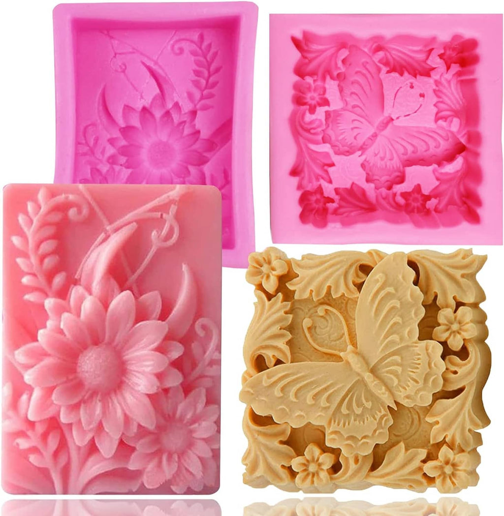 3D floral butterfly silicone soap molds set, with flower and vine relief designs