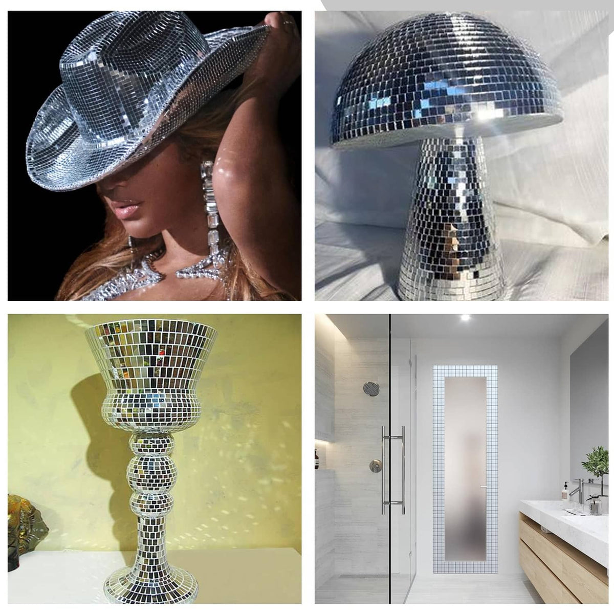 Silver mirrored disco ball made of mosaic tiles with reflective square pattern