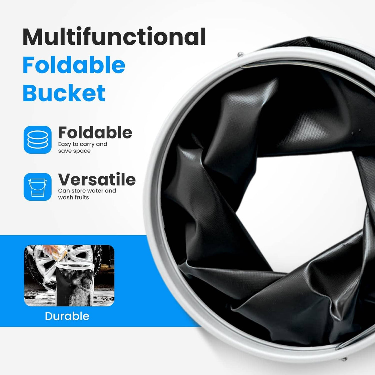 Foldable camping shower bucket with black liner and carry handle