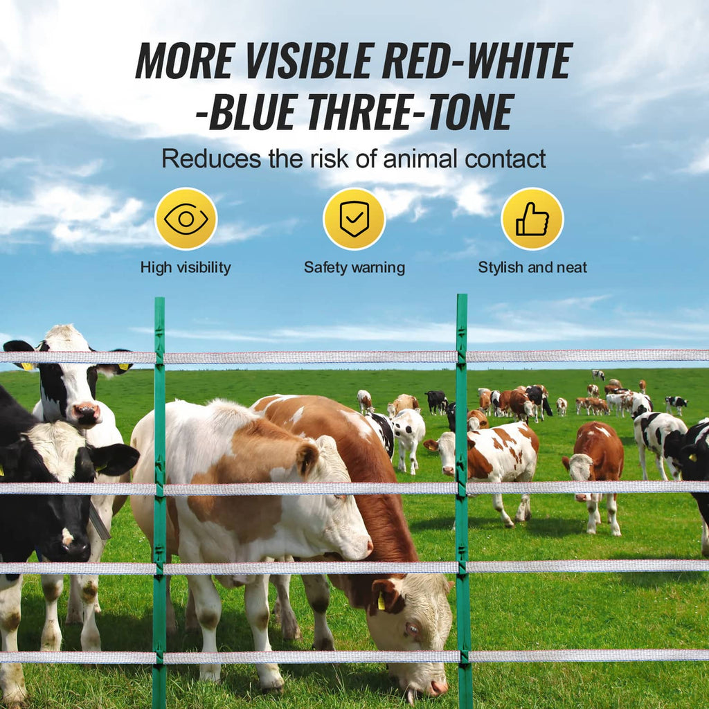 Electric livestock fence tape with red-white-blue three-tone strands on green posts