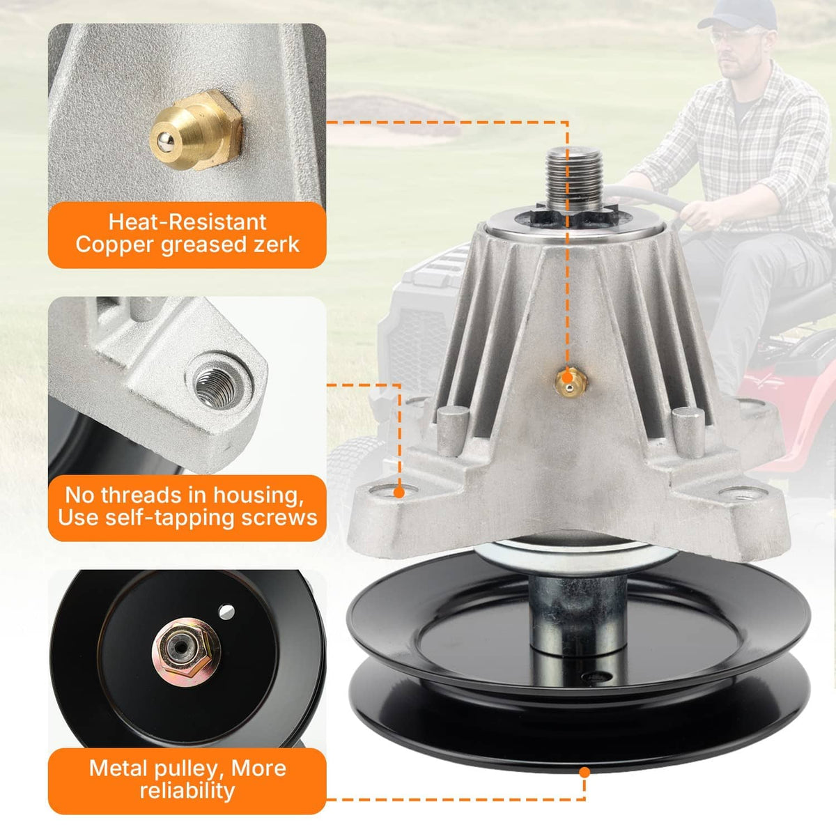 Lawn mower spindle assembly with black pulley, silver housing, and included mounting screws