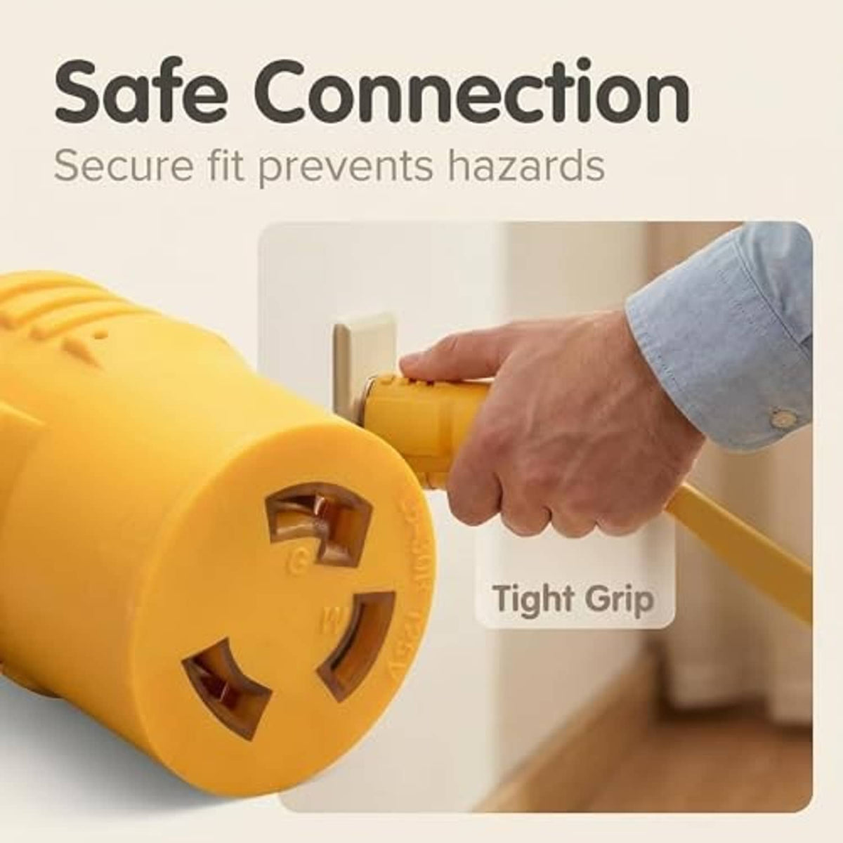 Yellow generator adapter with secure twist-lock connection, plug end in view