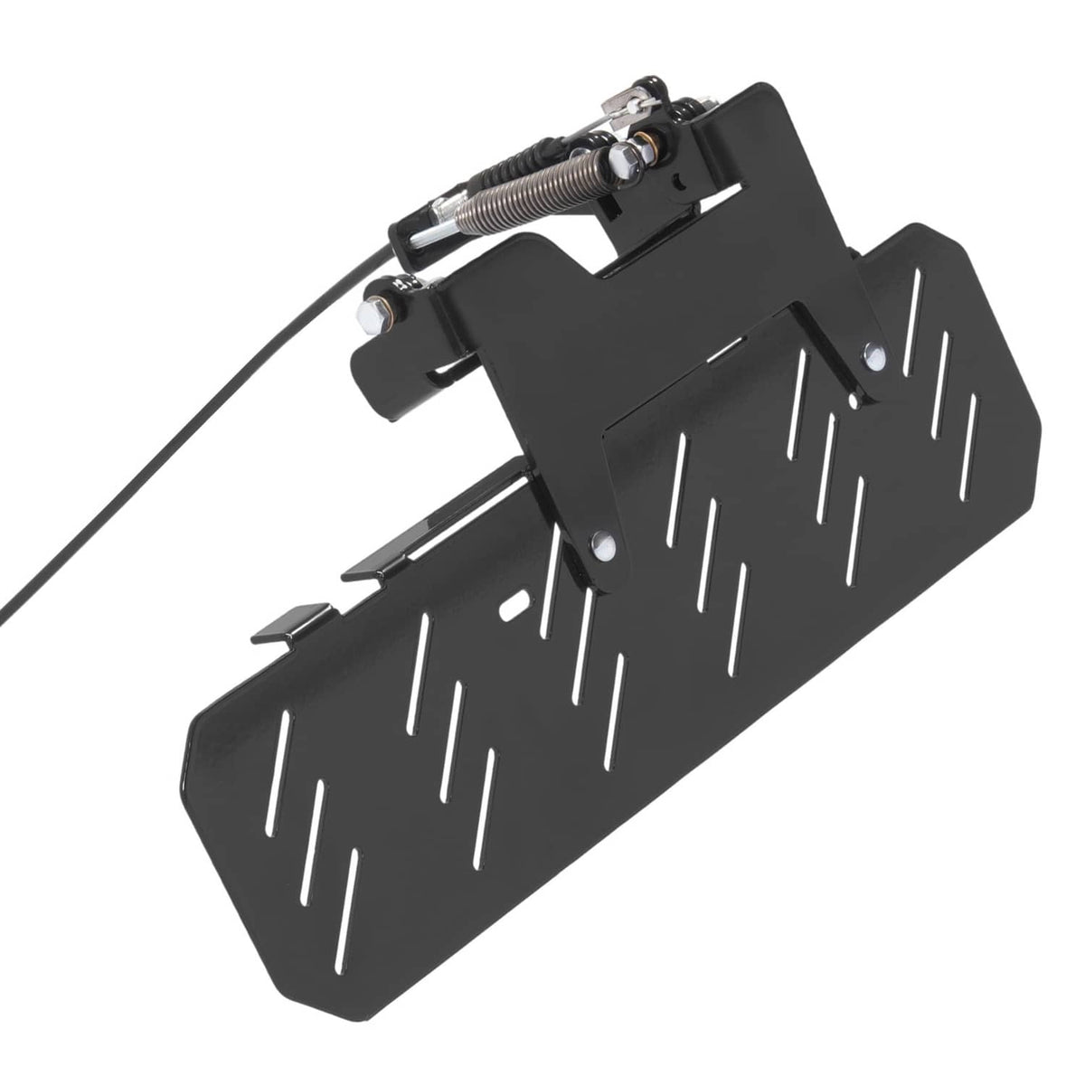 Mower chute blocker deflector with black mounting plate and spring-loaded arm