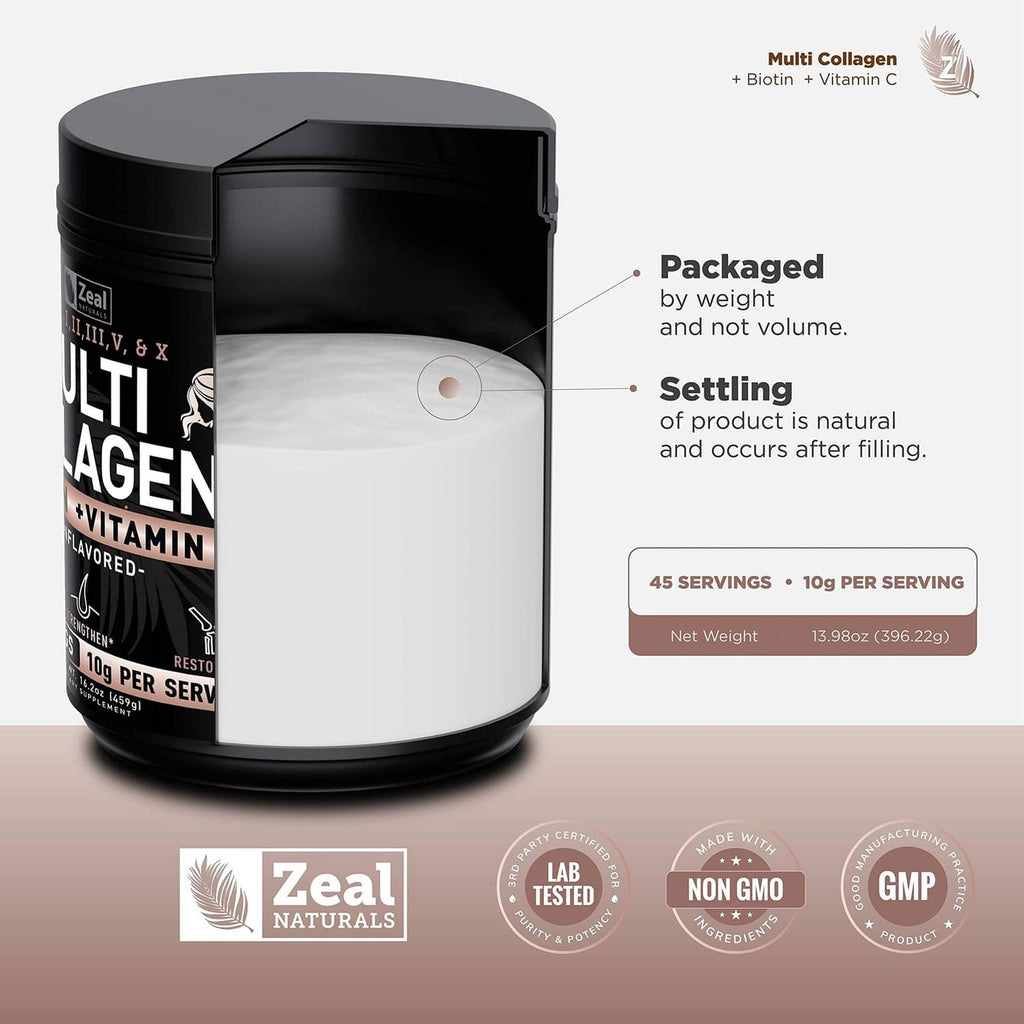 Multi-collagen peptides powder tub back panel with serving and weight notes