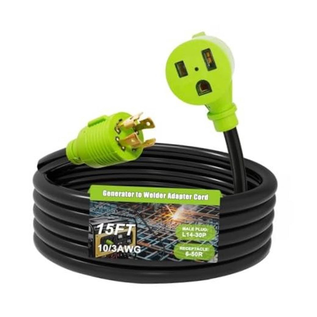 Coiled black generator-to-welder adapter cord with green L14-30P twist-lock male plug