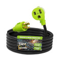 Coiled black generator-to-welder adapter cord with green L14-30P twist-lock male plug