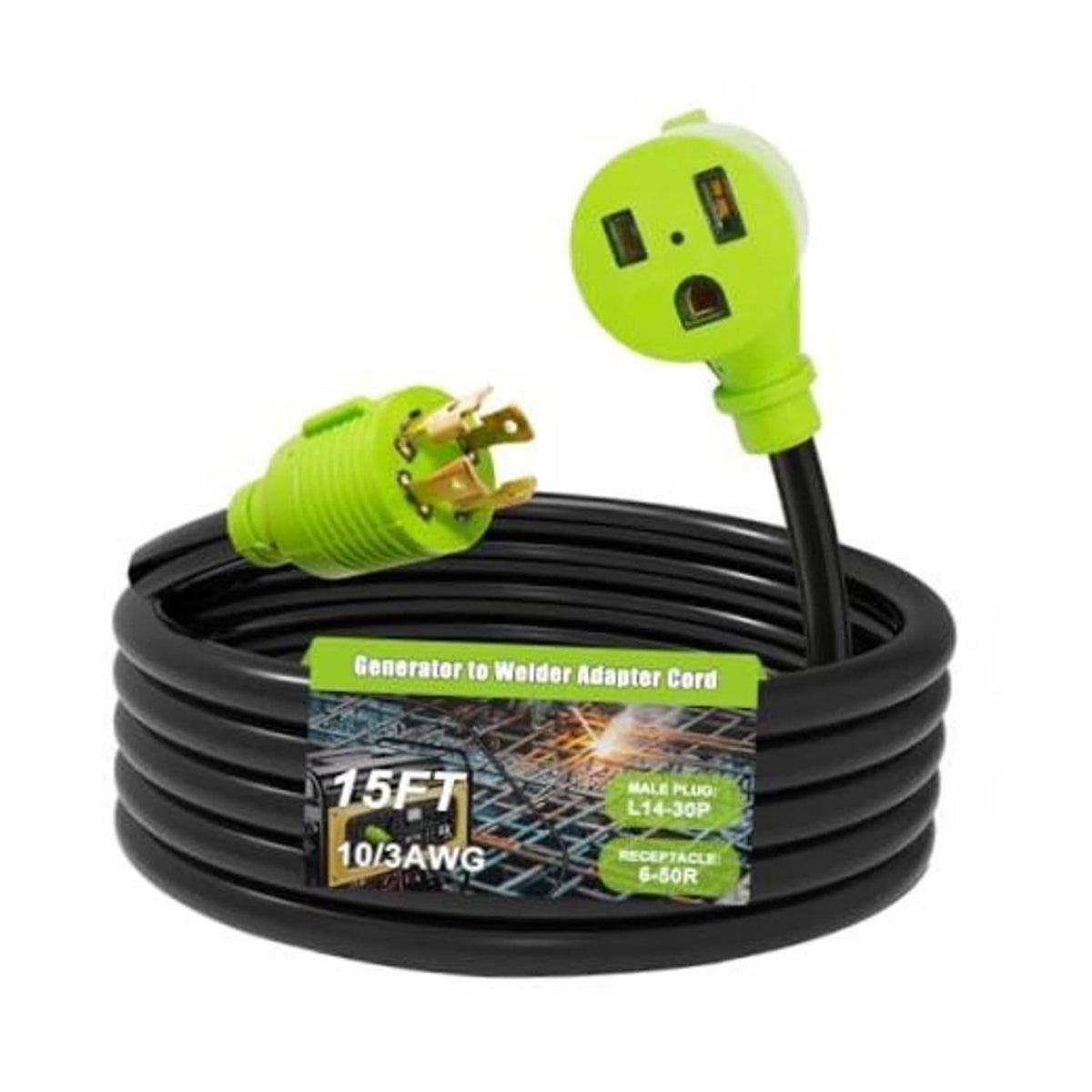 Coiled black generator-to-welder adapter cord with green L14-30P twist-lock male plug