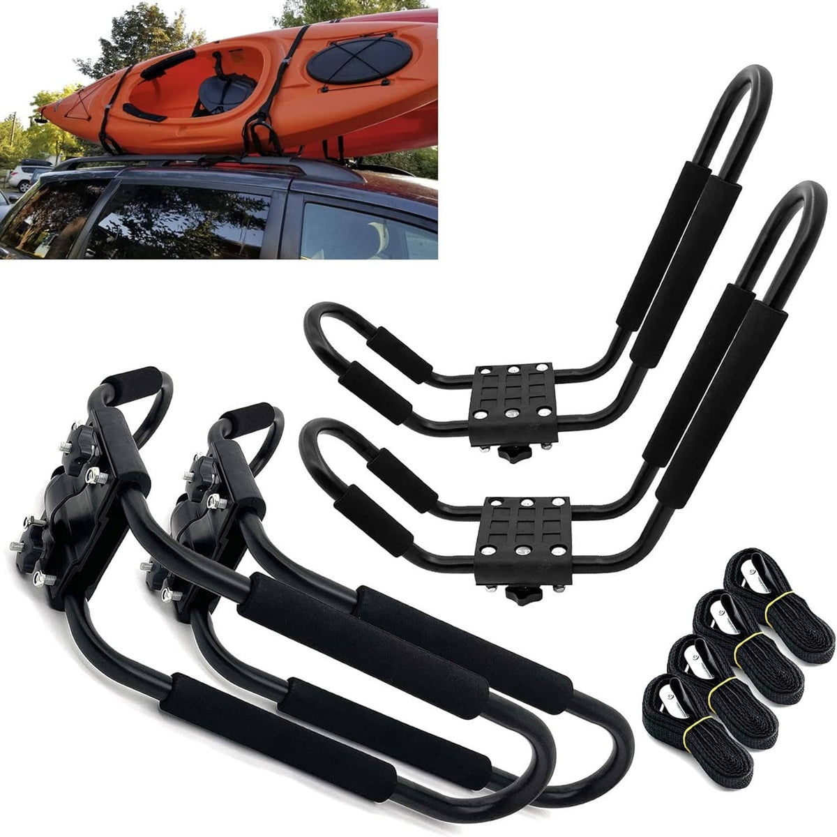 Universal kayak roof rack set with 4 black J-bar mounts and tie-down straps