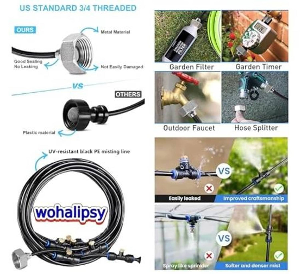 3/4-inch threaded outdoor misting line fittings with UV-resistant black hose and connectors