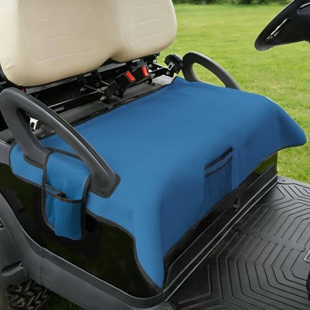 Blue golf cart seat blanket cover with armrest strap and curved back section
