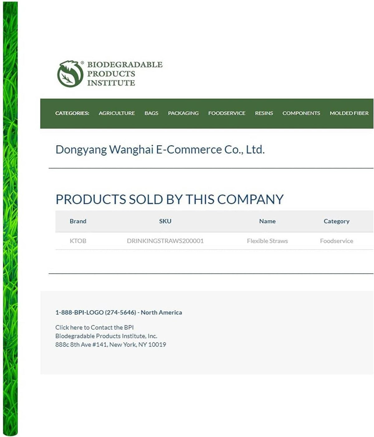 Compostable straw packaging panel with certification and company details