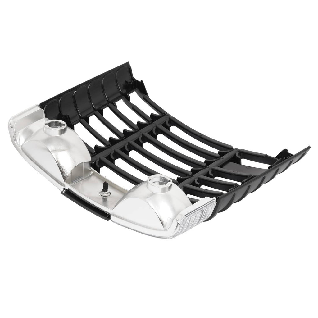 Black ABS front grille with horizontal slats and clear headlight lenses, for lawn tractor