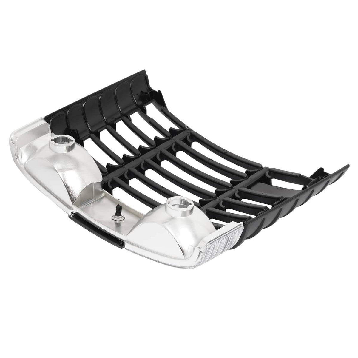 Black ABS front grille with horizontal slats and clear headlight lenses, for lawn tractor