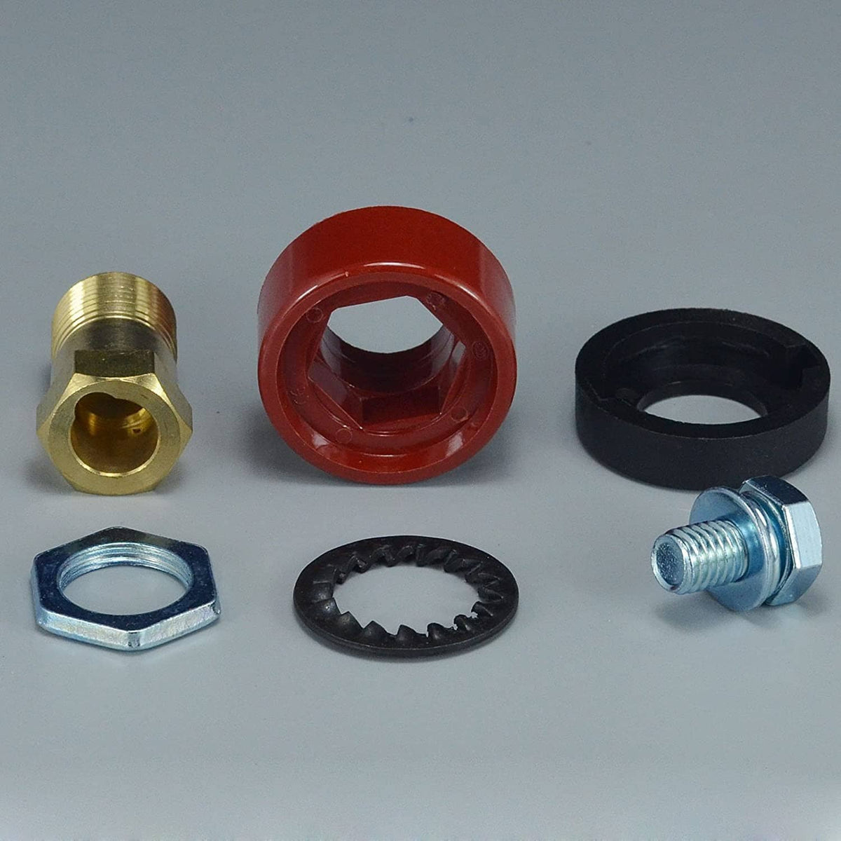 TIG welding cable connector kit parts: brass plug, red/black rings, hardware