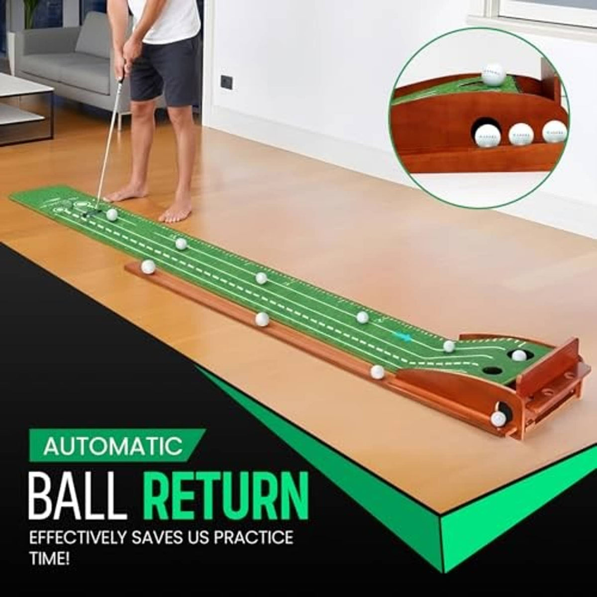 Green putting mat with wooden ball return end and several practice balls on top