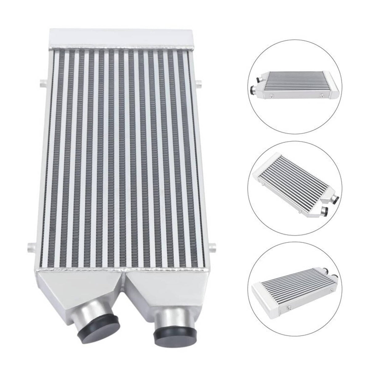 Aluminum intercooler with black end adapters, fins, and included mounting hardware