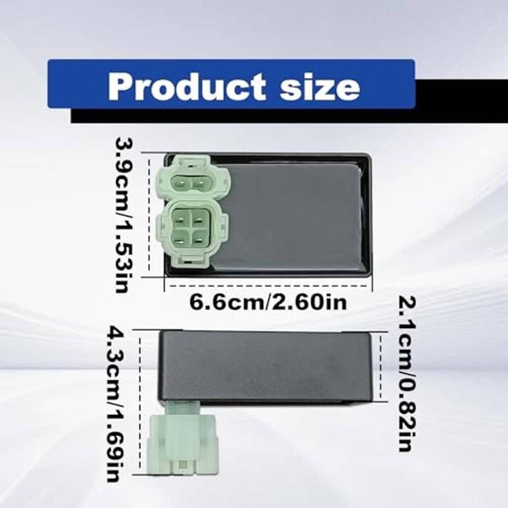 Ignition module size diagram showing dark gray box with light green connector