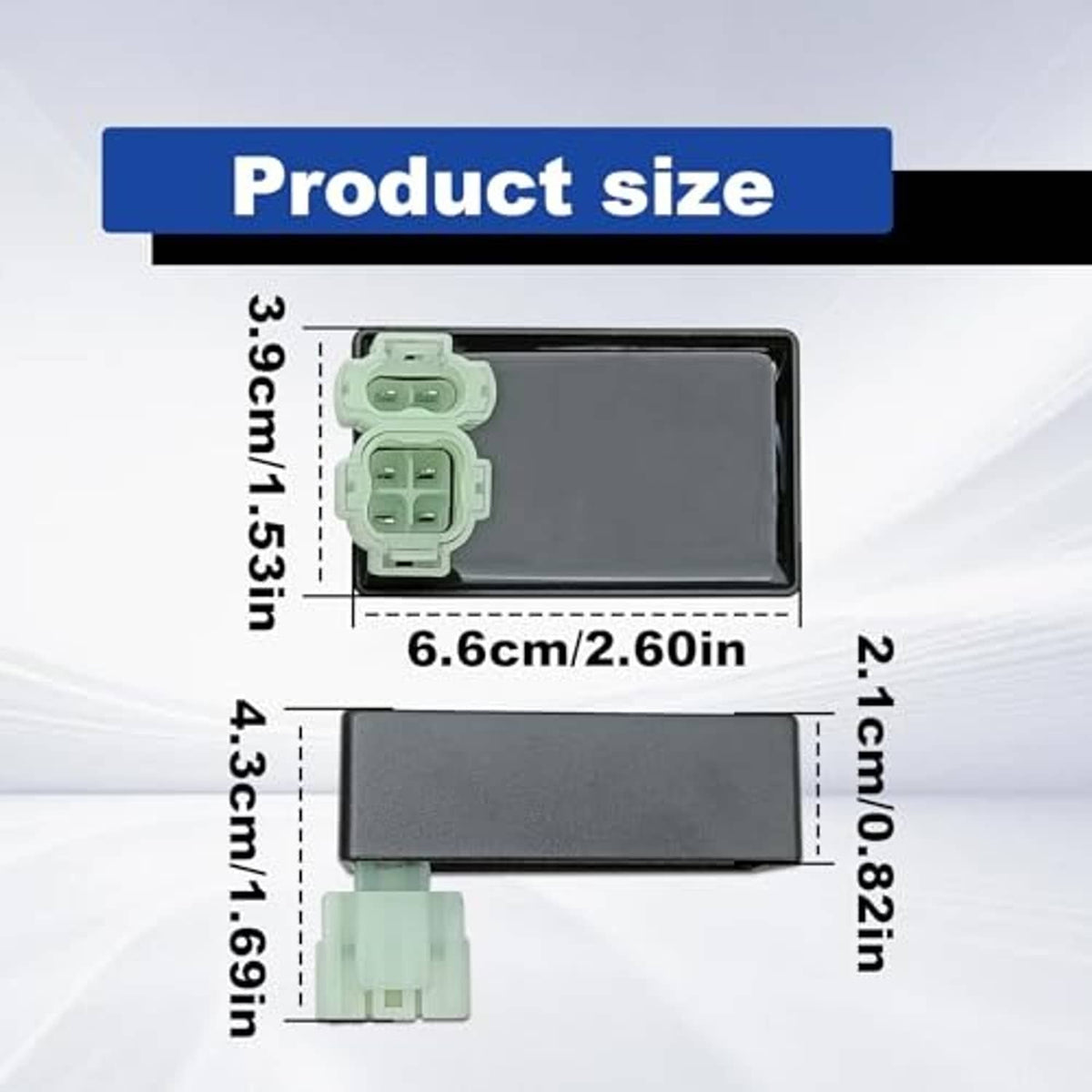 Ignition module size diagram showing dark gray box with light green connector