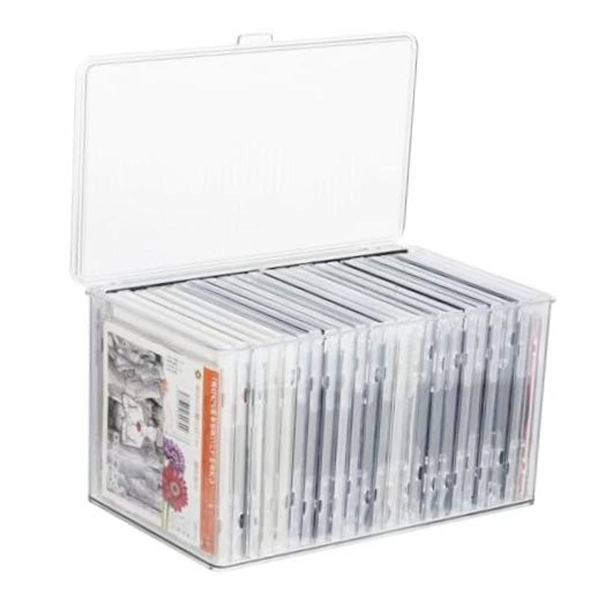 Clear CD organizer box with lid open, CDs stored vertically inside