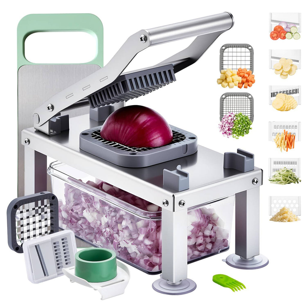 Stainless steel vegetable chopper and slicer with interchangeable blade attachments