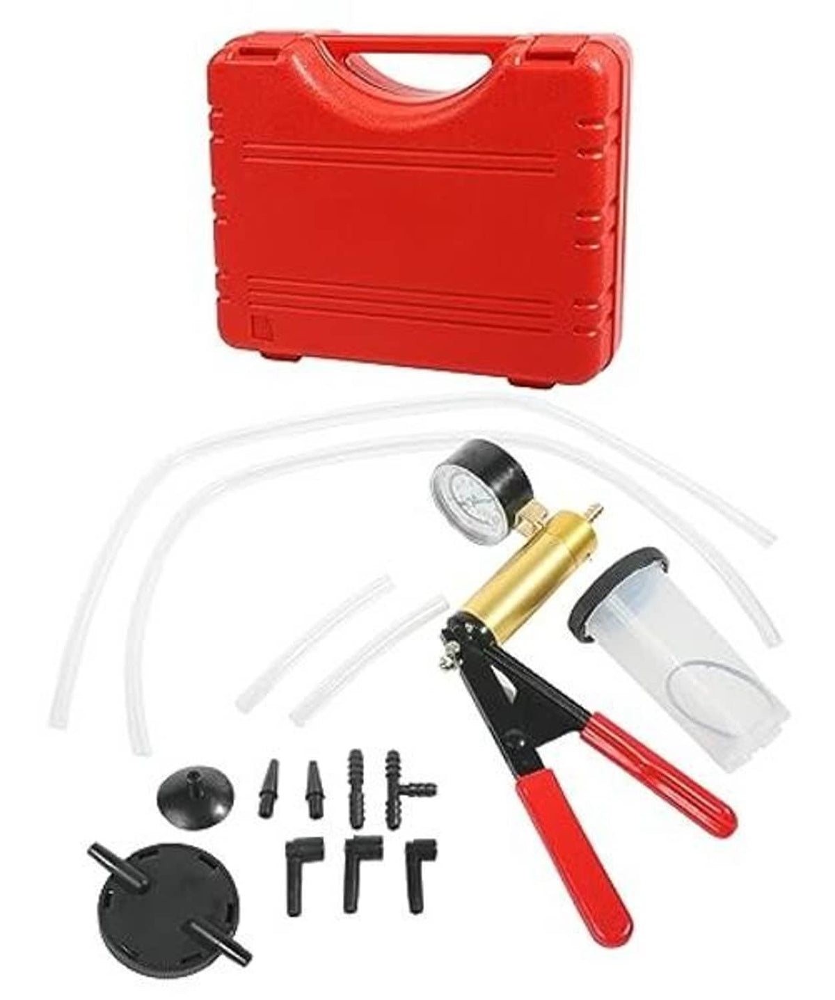 Brake bleeder vacuum pump kit with red case, clear hoses, hand pump, and fittings