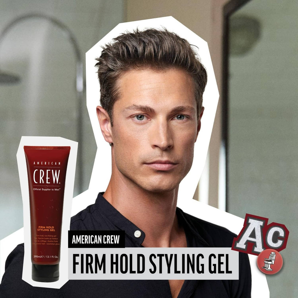 Men’s firm hold styling gel for styled hair; bottle shown beside a model