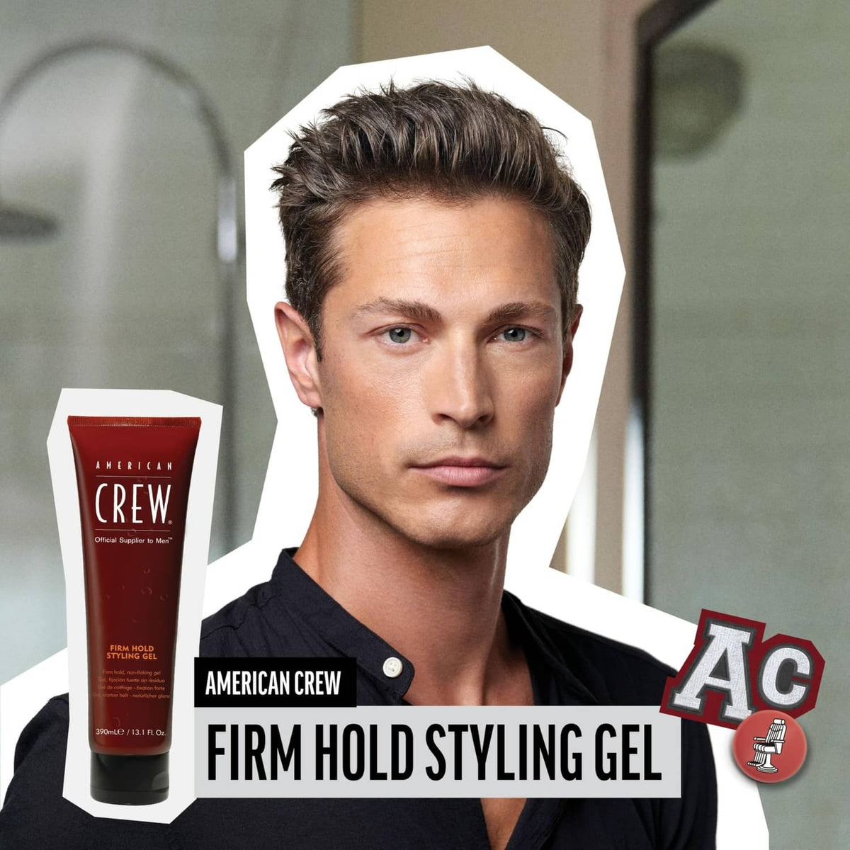 Men’s firm hold styling gel for styled hair; bottle shown beside a model