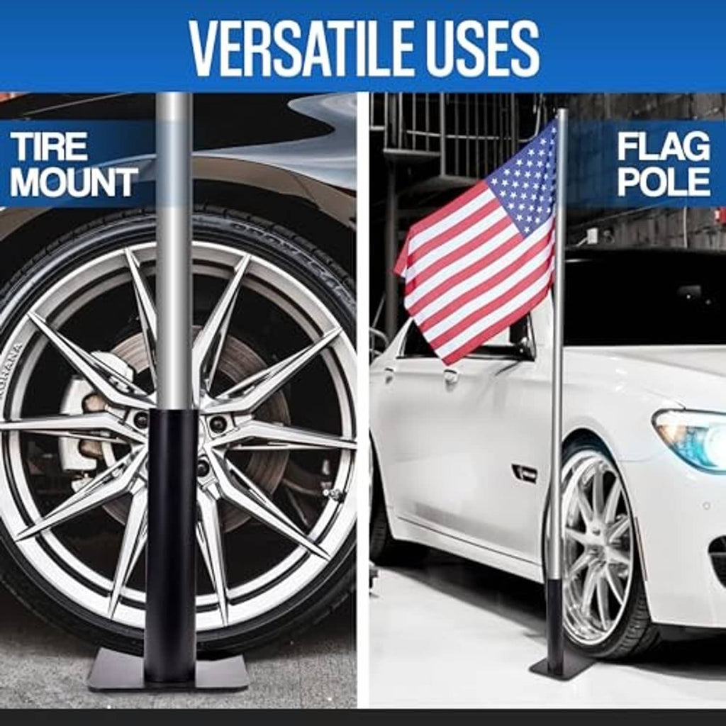Black tire mount base standing flag pole beside a wheel
