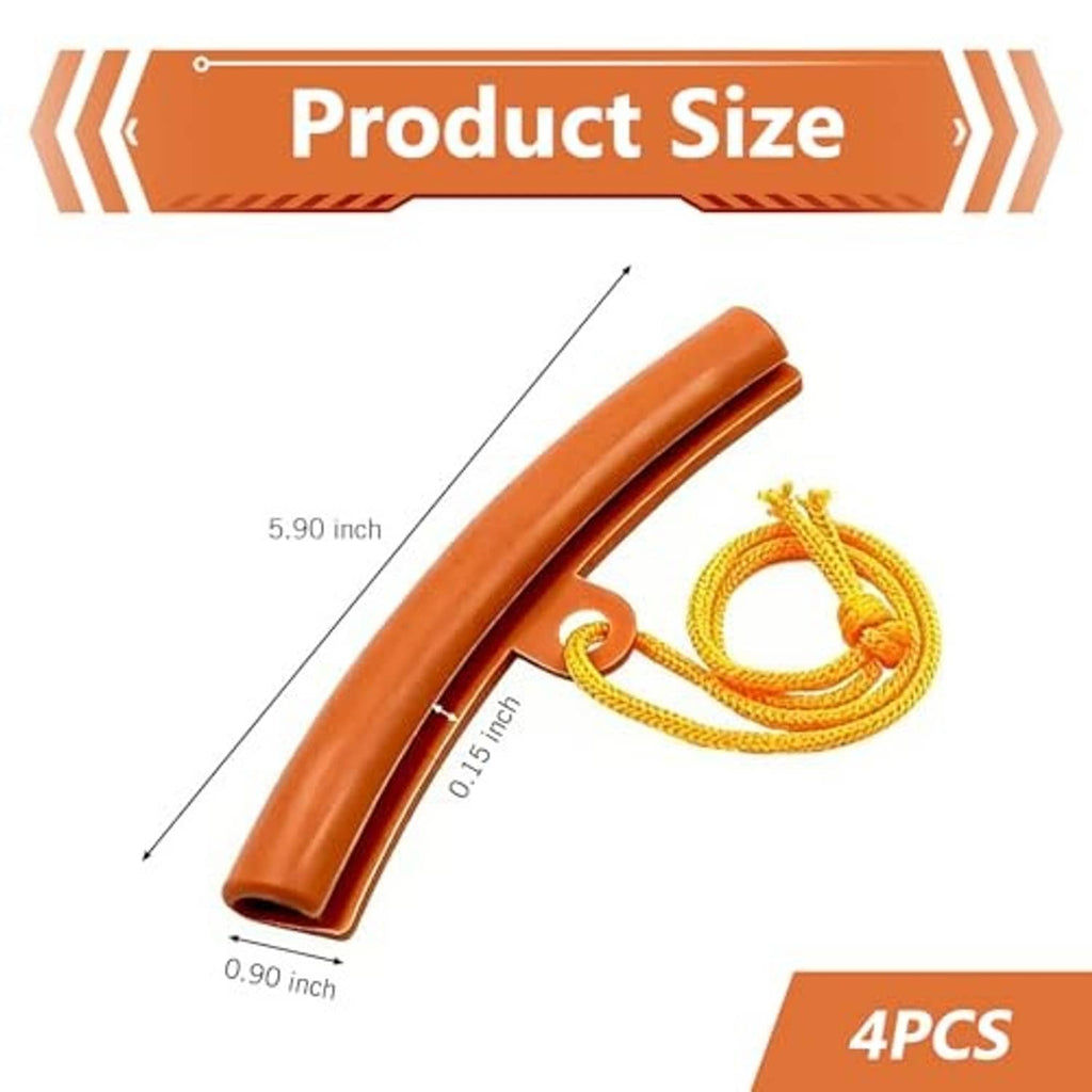 Orange curved rim protector with yellow rope, shown with product size markings