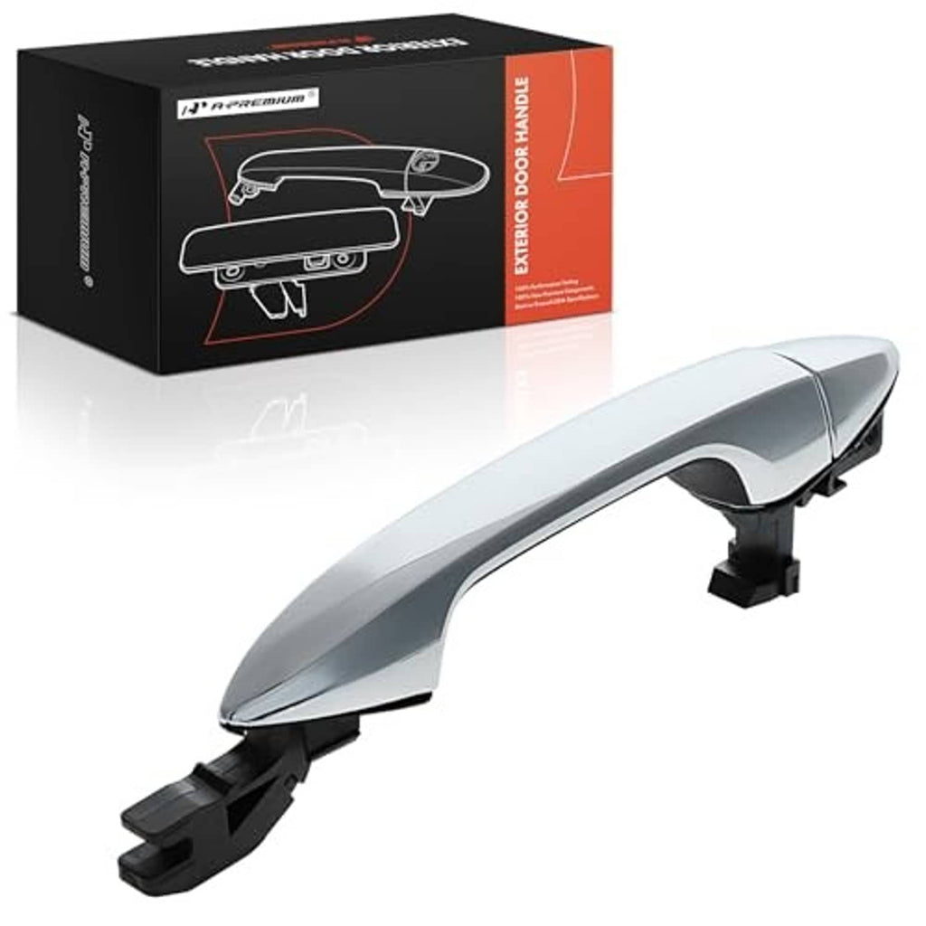 Exterior door handle, chrome silver with black end caps and mounting clips, passenger side.