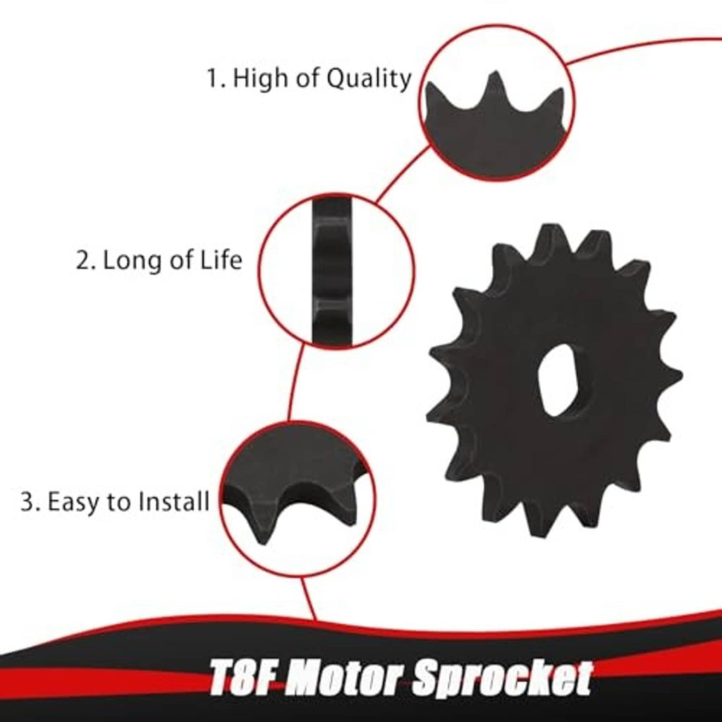 Black T8F motor sprocket with close-up detail of gear edge and teeth