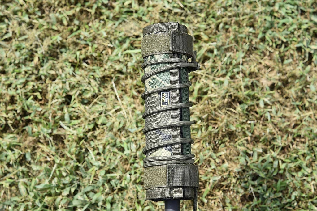 Detail view of Multicam camo suppressor cover with padded segments and wrap-around straps